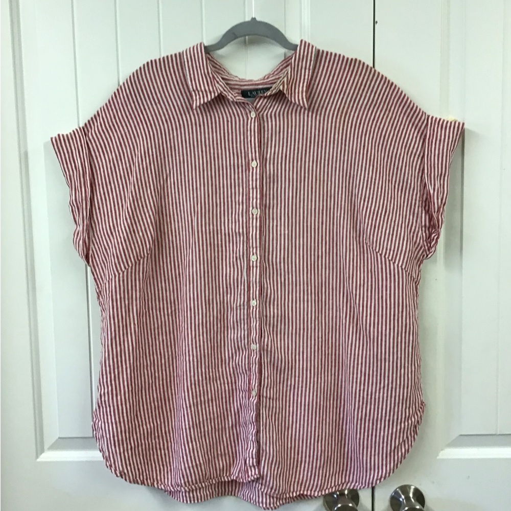 Ralph Lauren Red / White Striped Cuffed Sleeve Button Down Linen  Shirt size 3X